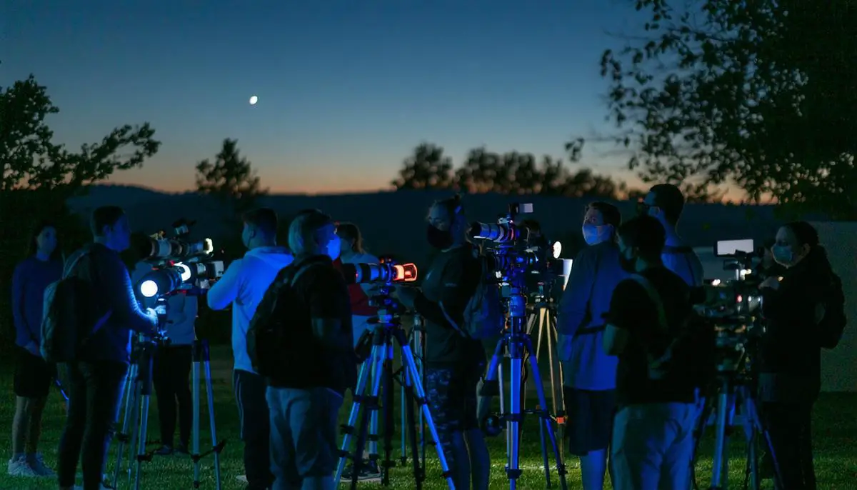 A group of diverse people gathered outdoors at night, using various equipment to observe a lunar eclipse