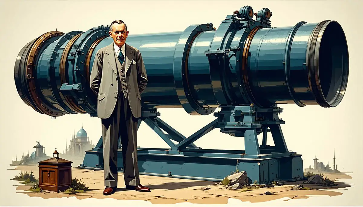 Edwin Hubble standing next to a large telescope