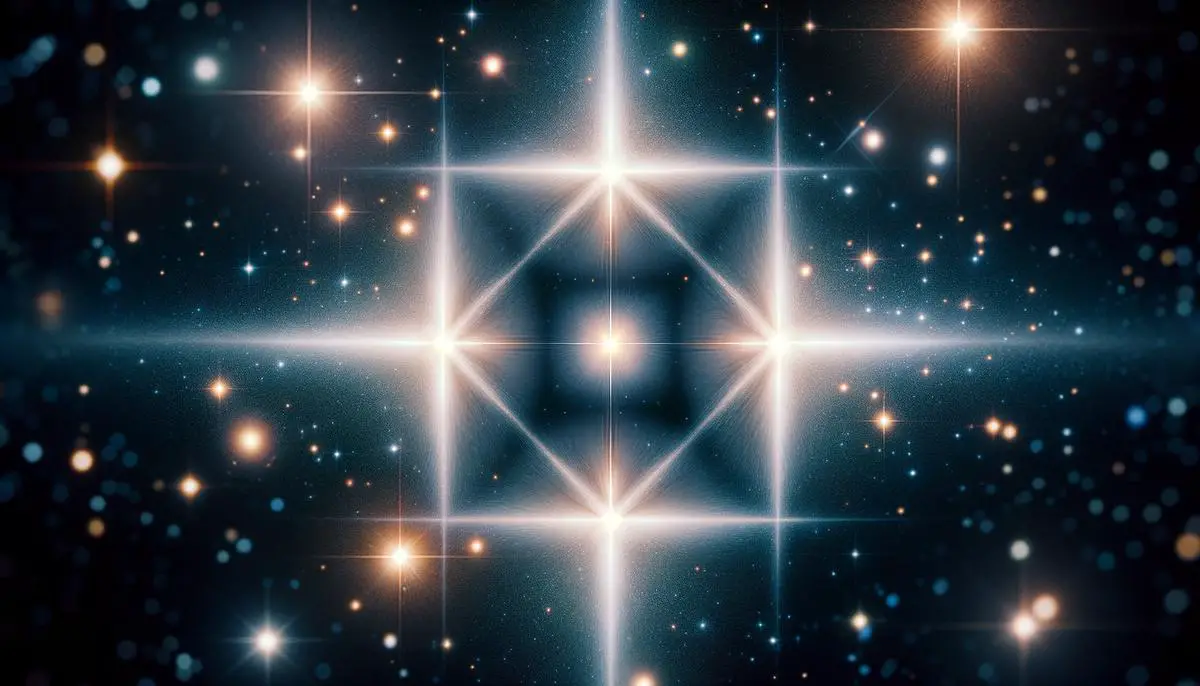A telescopic image of the Einstein Cross, showing four distinct images of a distant quasar arranged around a central galaxy