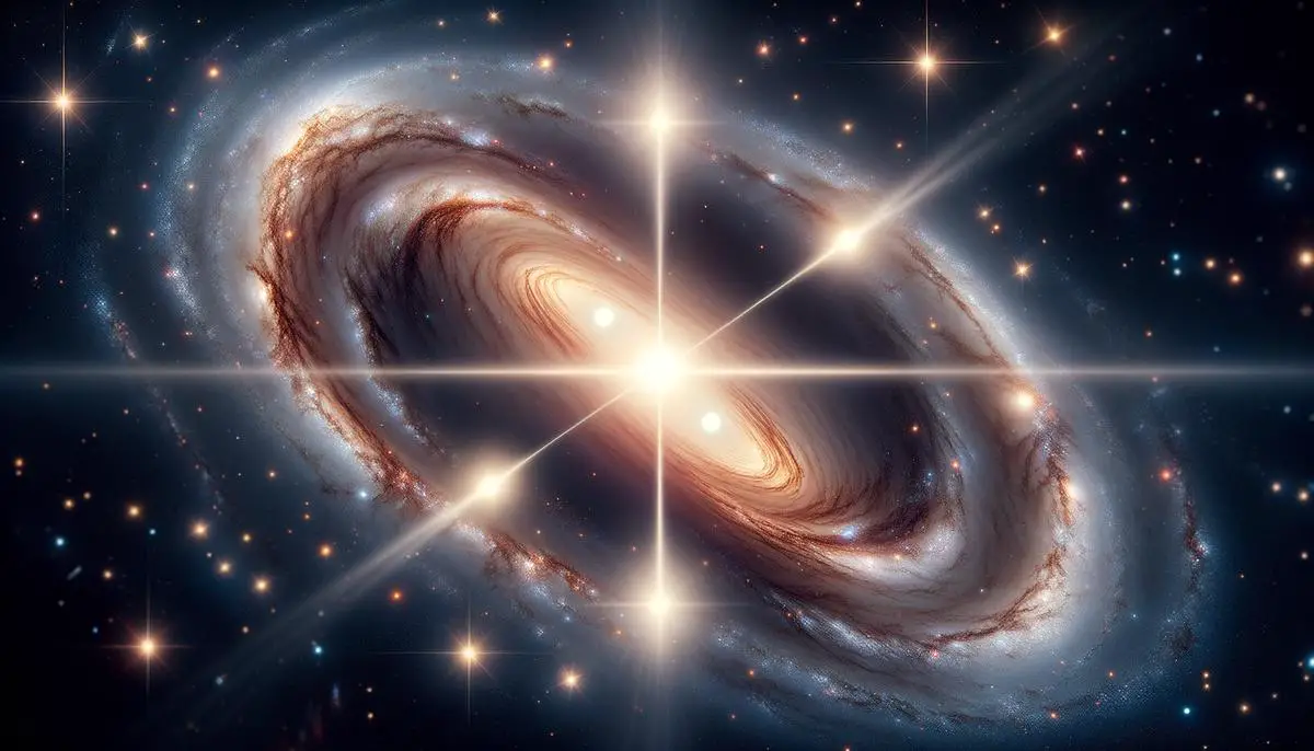 The Einstein Cross gravitational lensing effect, showing a distant quasar appearing as four distinct points of light around a foreground galaxy