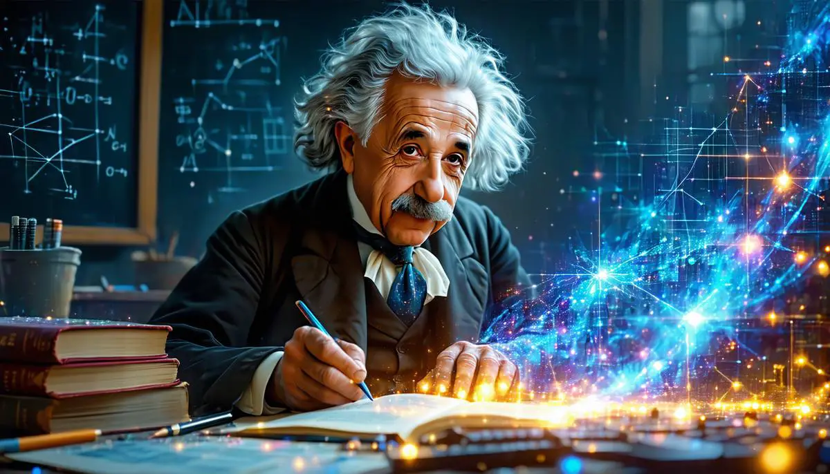 Albert Einstein working on calculations related to the photoelectric effect, with light particles visually represented