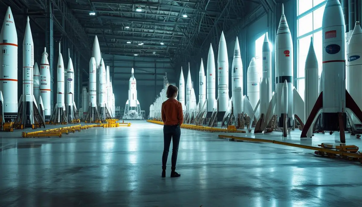 Elon Musk standing in a hangar filled with SpaceX rockets, looking focused and determined as he considers the future of space travel.