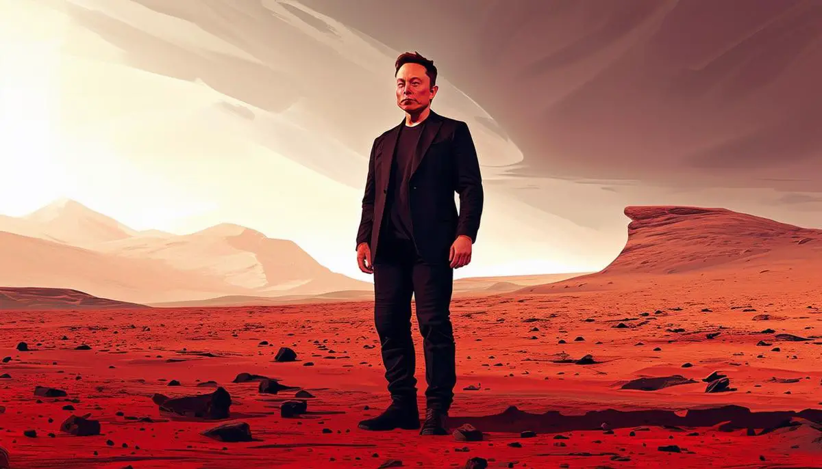 Elon Musk standing on the surface of Mars, gazing at the horizon with a determined look, representing his vision for colonizing the Red Planet.