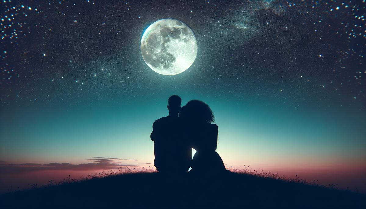 A couple sitting together under a starry sky with a large moon, their silhouettes forming a heart shape