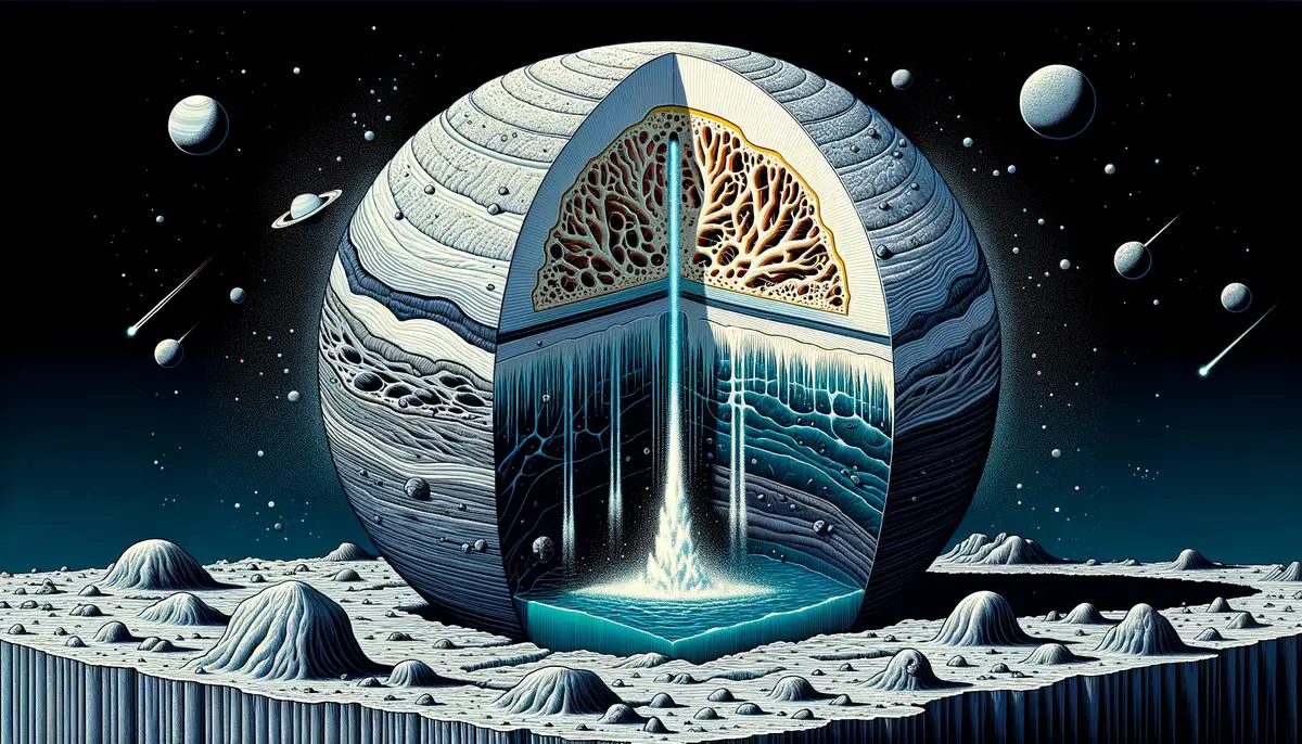 Cross-section view of Enceladus showing its subsurface ocean and hydrothermal vents