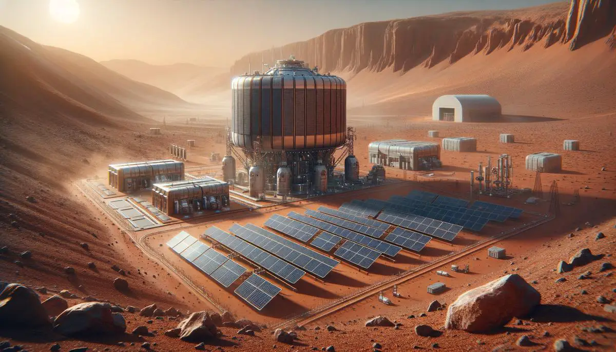 A combination of solar panels and a small nuclear reactor providing energy for a Martian base