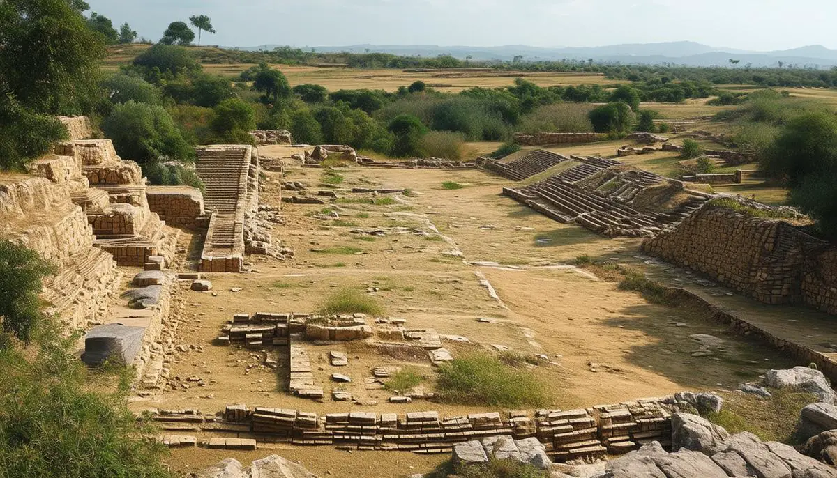 A landscape showing progressive environmental degradation in ancient civilizations