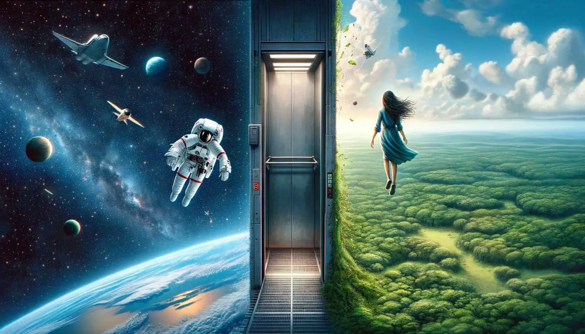 A split-screen image showing a person in a falling elevator next to a person standing on Earth, illustrating the equivalence principle