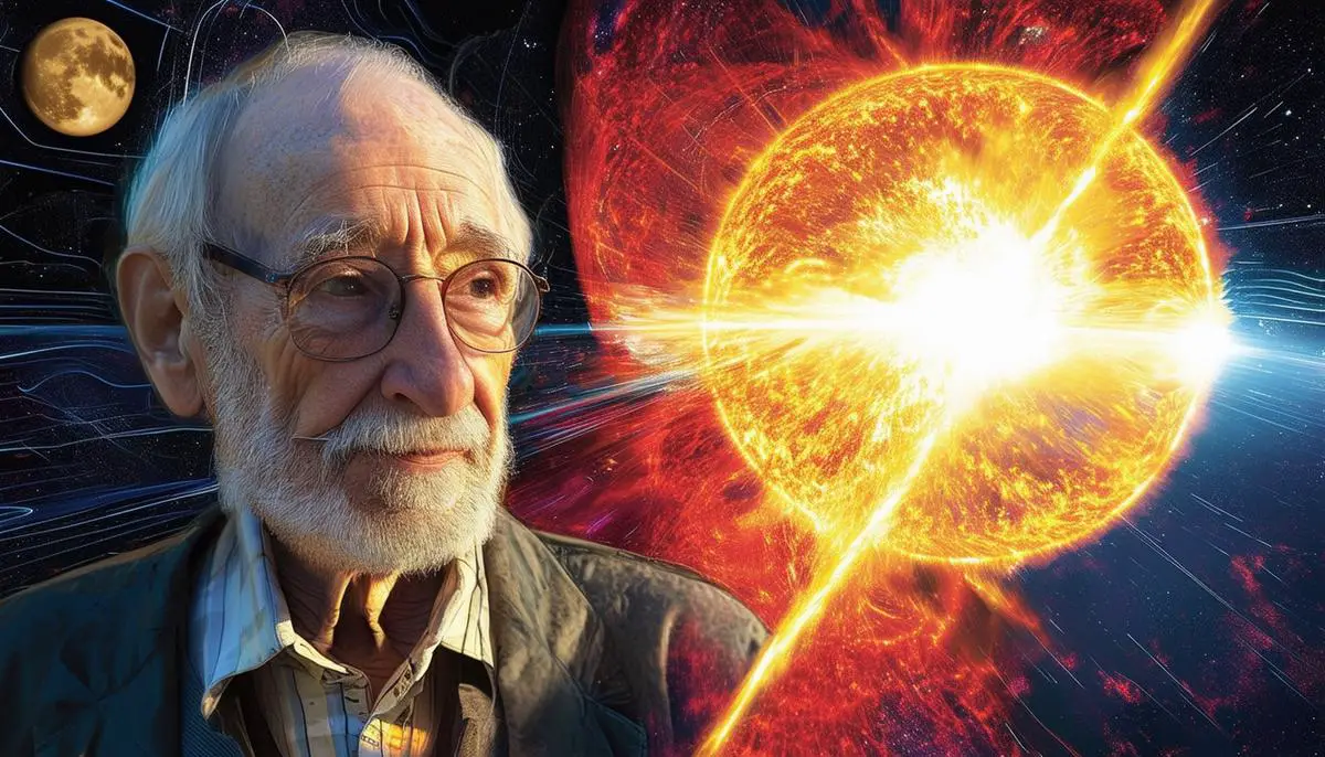 Portrait of Eugene Parker with an artistic representation of his solar wind theory