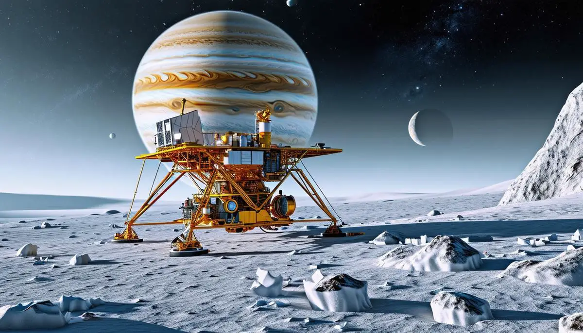 Artist's impression of a Europa lander concept on the moon's icy surface with Jupiter in the background