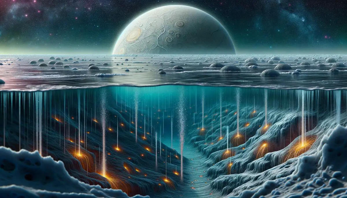 An illustration of Europa's subsurface ocean with hydrothermal vents