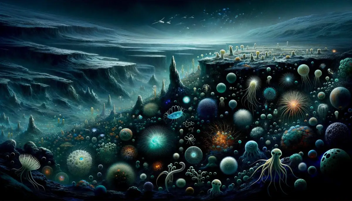 An artist's concept of potential life forms inhabiting Europa's subsurface ocean