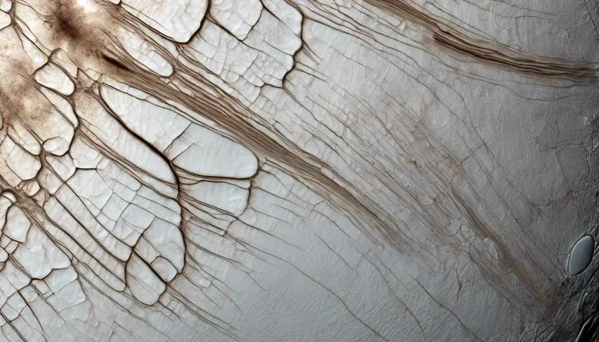 A close-up view of Europa's cracked and ridged icy surface