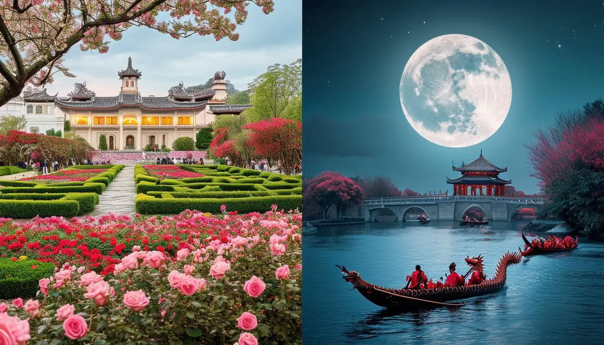 A split image showing European rose gardens and Chinese dragon boat races under the full moon