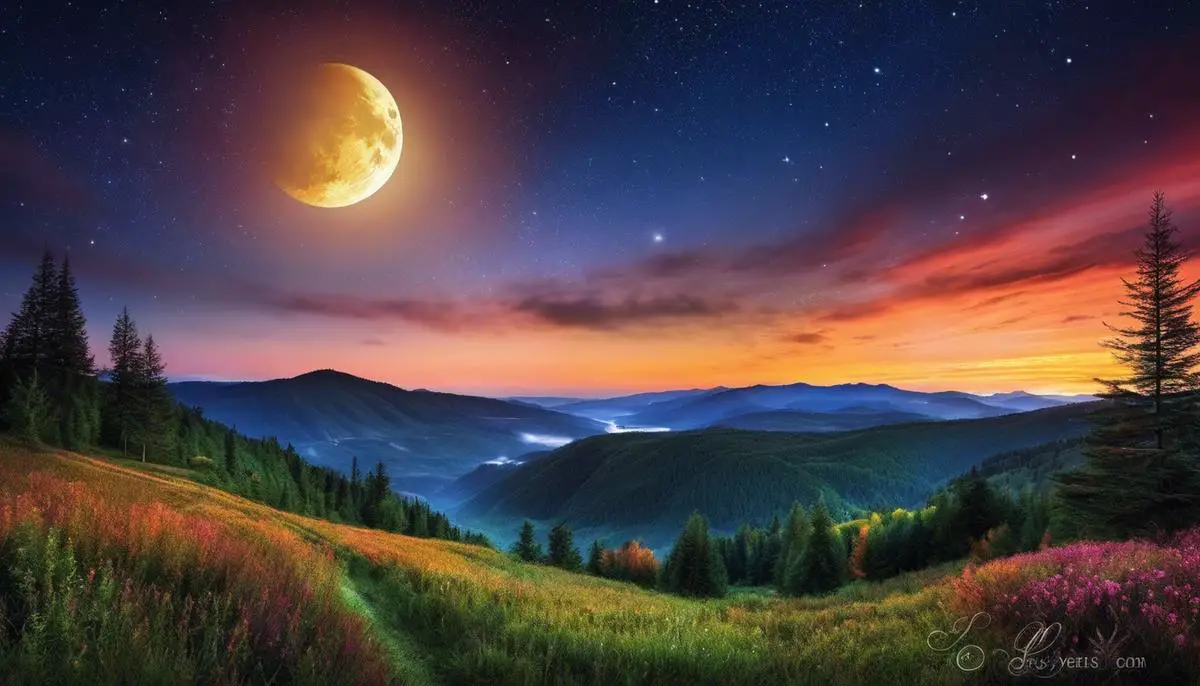 The image depicts a colorful evening sky with stars and the moon in the background.