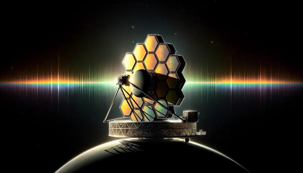 Artistic representation of JWST analyzing the atmosphere of an exoplanet as it transits in front of its star, with a spectrum showing atmospheric composition