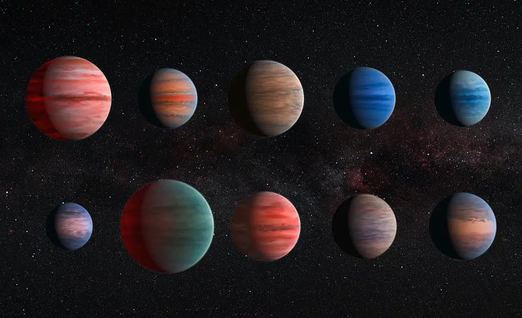 An artistic representation of various types of exoplanets, including a hot Jupiter, a rogue planet, and a potentially habitable super-Earth