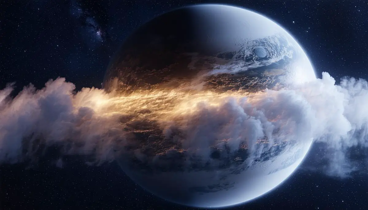 An artistic rendering of exoplanet GJ 9827 d, showing a rocky world enveloped in a thick, steamy atmosphere