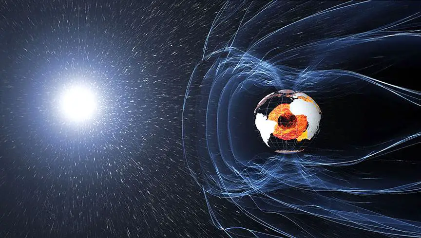 Artistic depiction of an exoplanet with a strong magnetic field deflecting solar winds