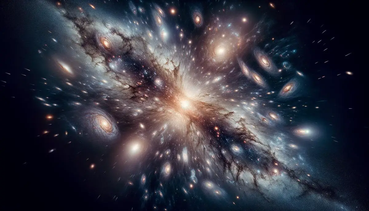 A visualization of the expanding universe, with galaxies moving away from each other at speeds that can appear to exceed the speed of light due to the expansion of space itself.