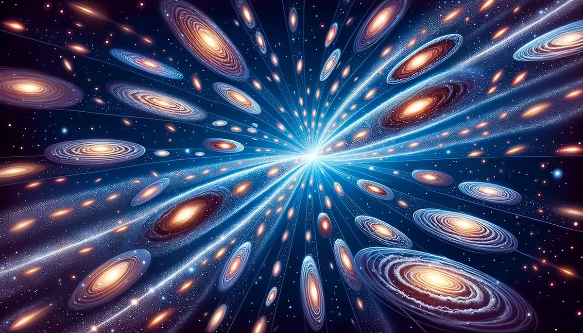A visual representation of the expanding universe affecting light-year measurements