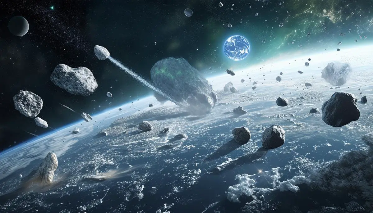 Artistic representation of comets, asteroids, and interstellar objects delivering water to early Earth