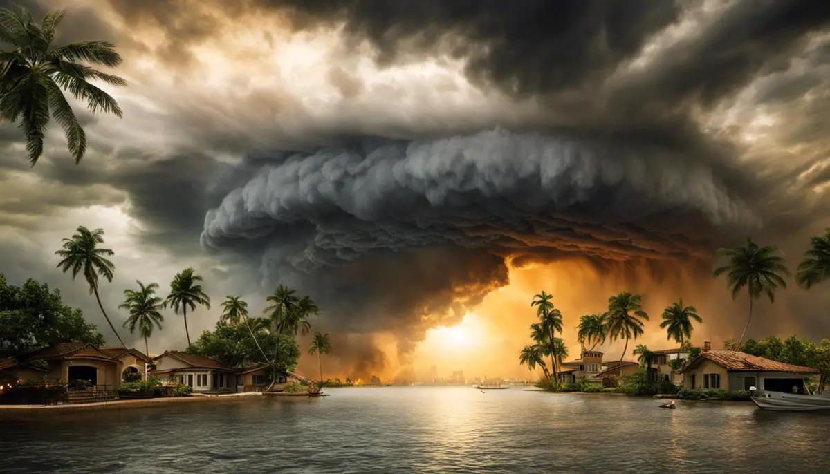 An image depicting extreme weather events and natural disasters such as hurricanes, heatwaves, and floods.