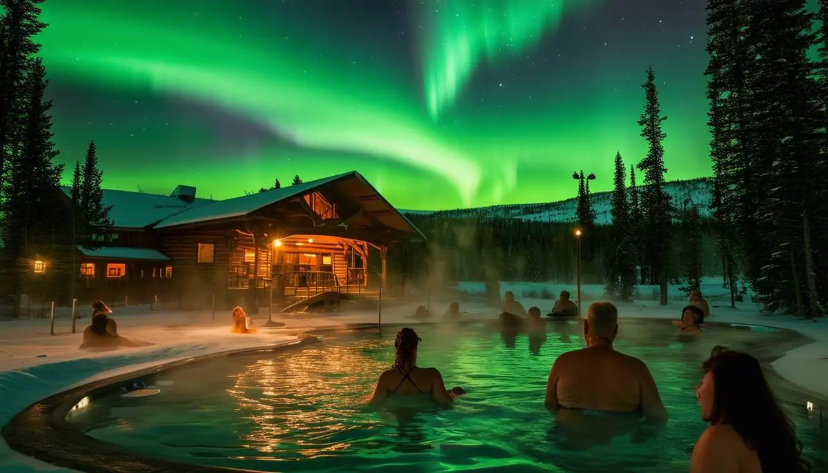 People relaxing in Chena Hot Springs with the northern lights overhead in Fairbanks, Alaska