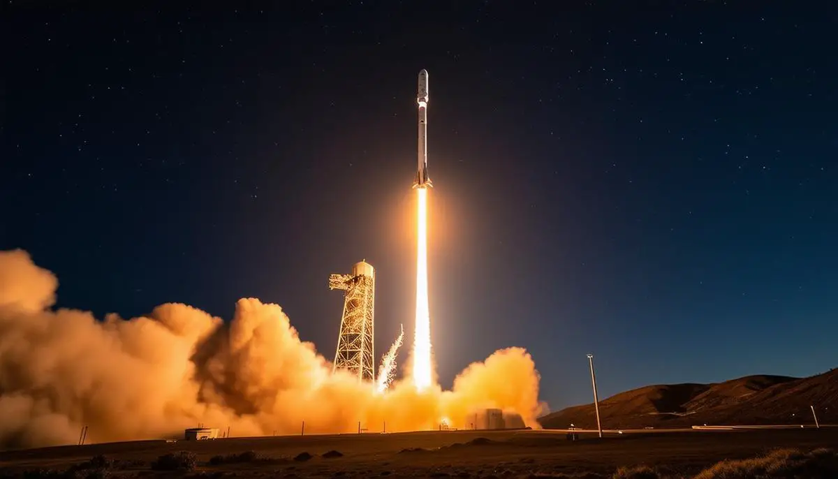 A Falcon 9 rocket launching at night from Vandenberg Space Force Base, with its fiery trail illuminating the night sky