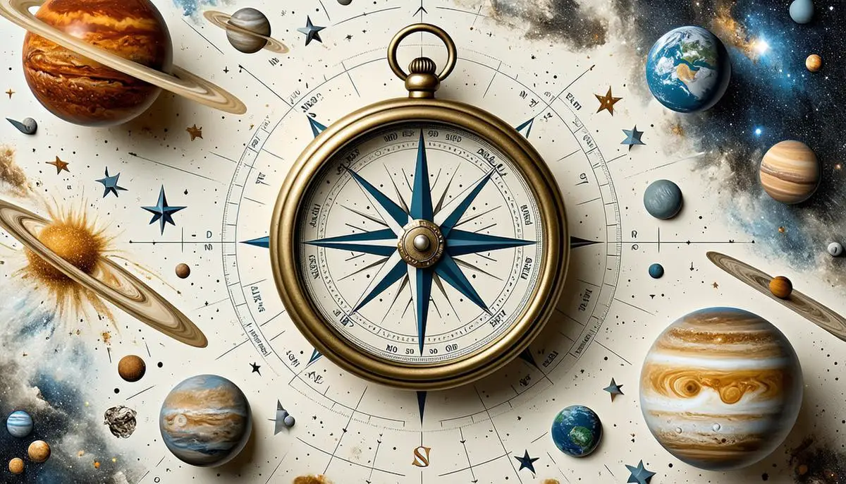 A compass surrounded by celestial bodies and natural elements