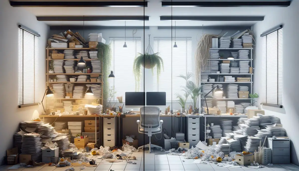 Before and after of an office space transformed by Feng Shui principles