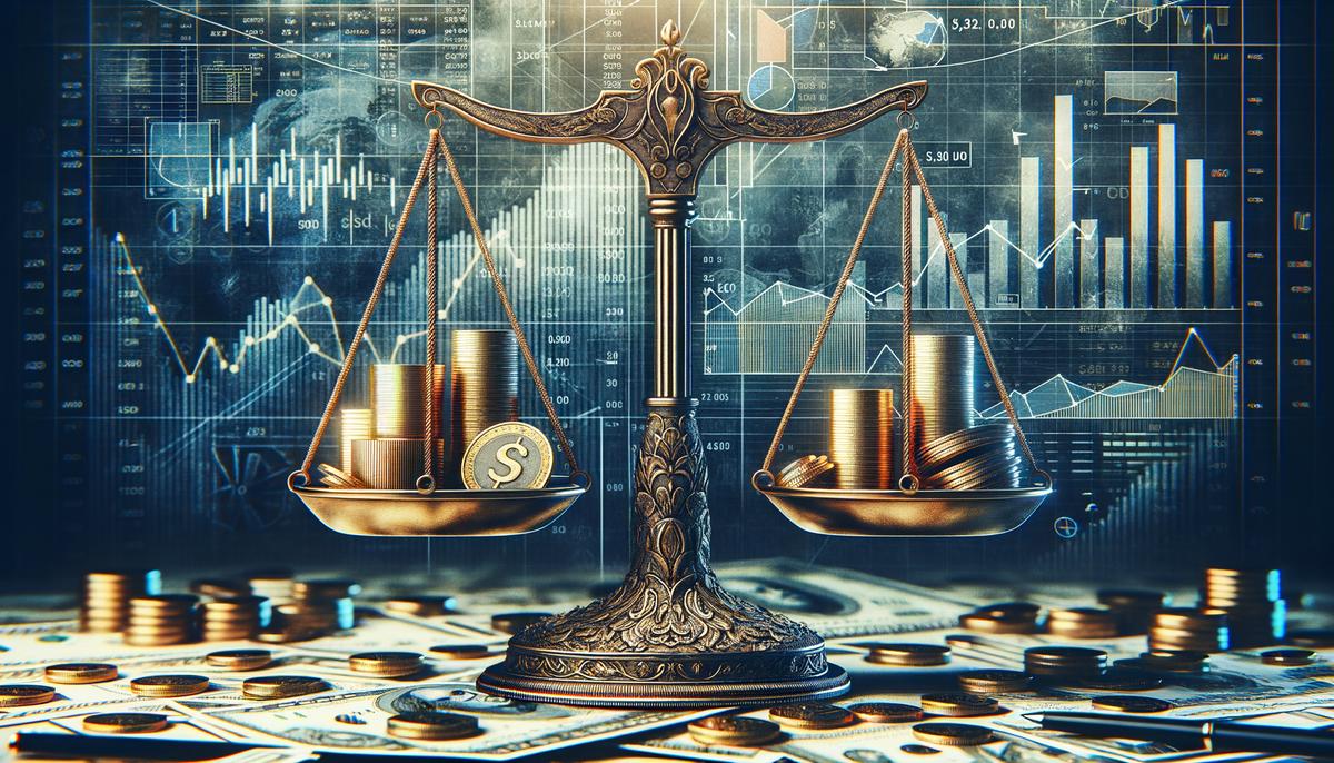 A set of scales balancing coins and bills, representing financial management