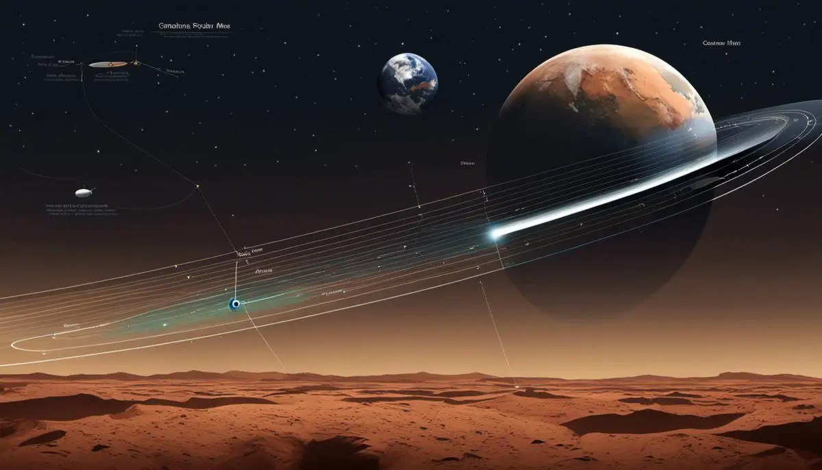 Illustration of the flight path from Earth to Mars, showing the elliptical orbit and the spacecraft's trajectory through space.