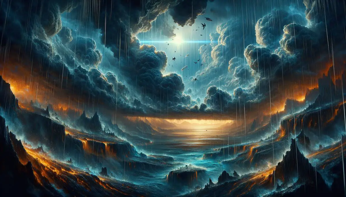 Illustration of intense rainfall forming Earth's ancient oceans, with visible atmospheric changes