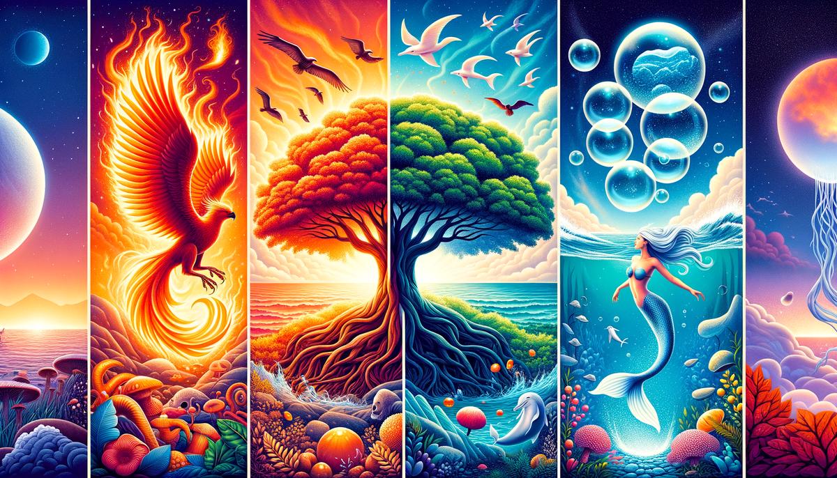 Four distinct images representing the zodiac elements: fire, earth, air, and water