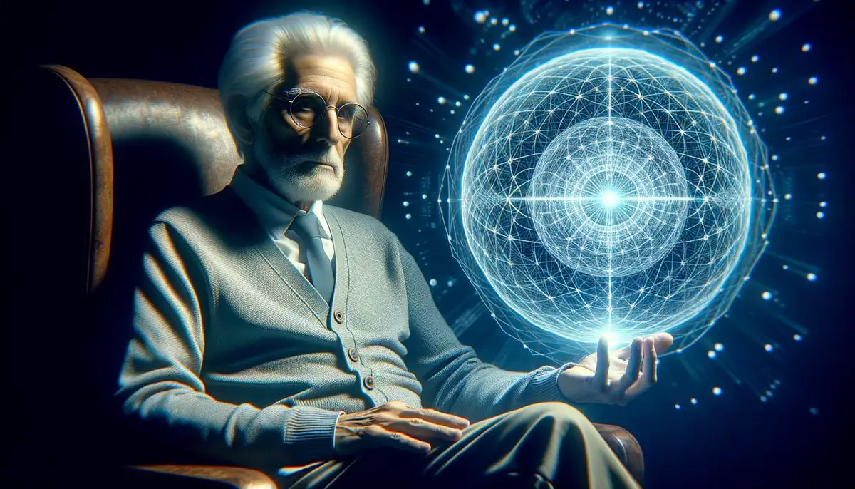 Portrait of physicist Freeman Dyson next to a conceptual illustration of a Dyson sphere