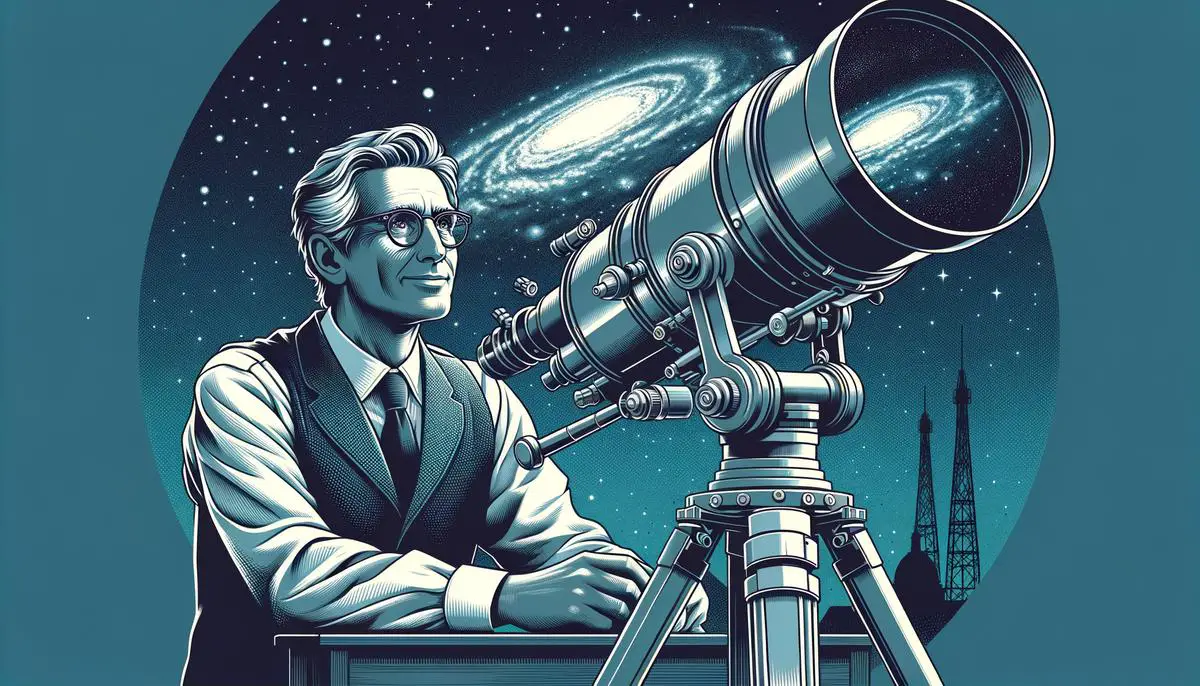 An illustration of Fritz Zwicky observing the Coma Cluster through a telescope