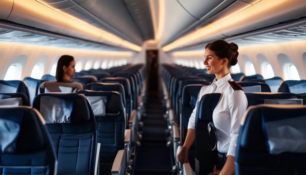 The front section of an airplane cabin with comfortable seats and attentive flight attendants