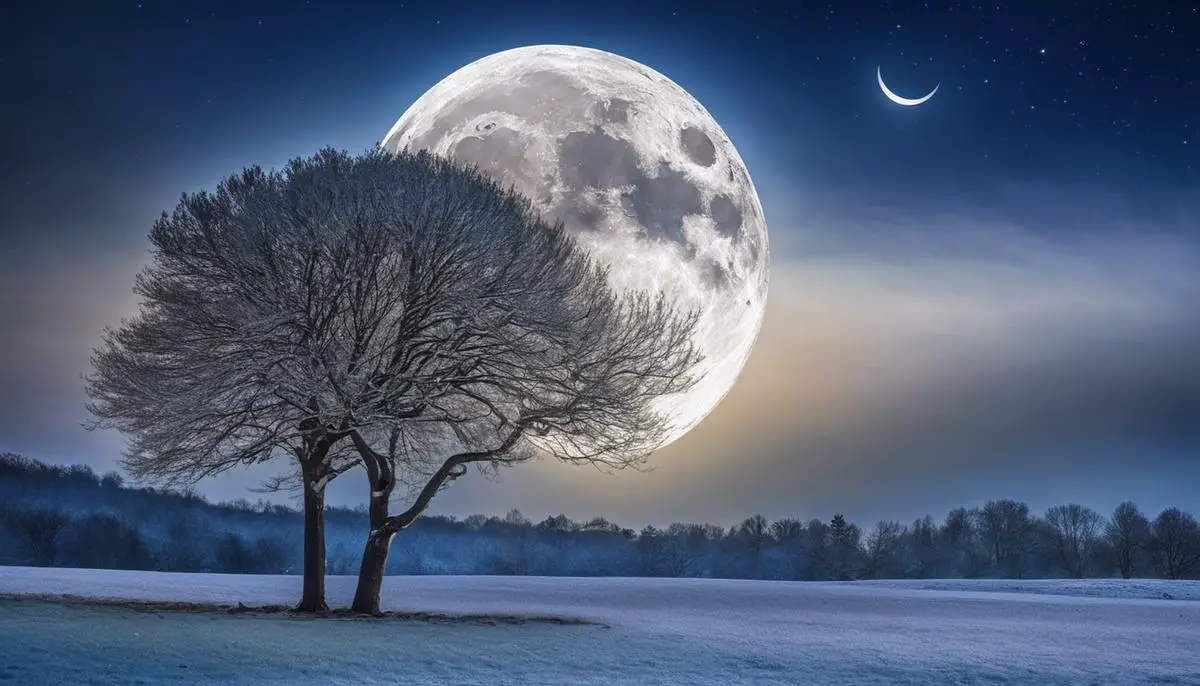 An image depicting the Full Cold Moon, showing a bright silvery moon in the night sky during winter solstice.