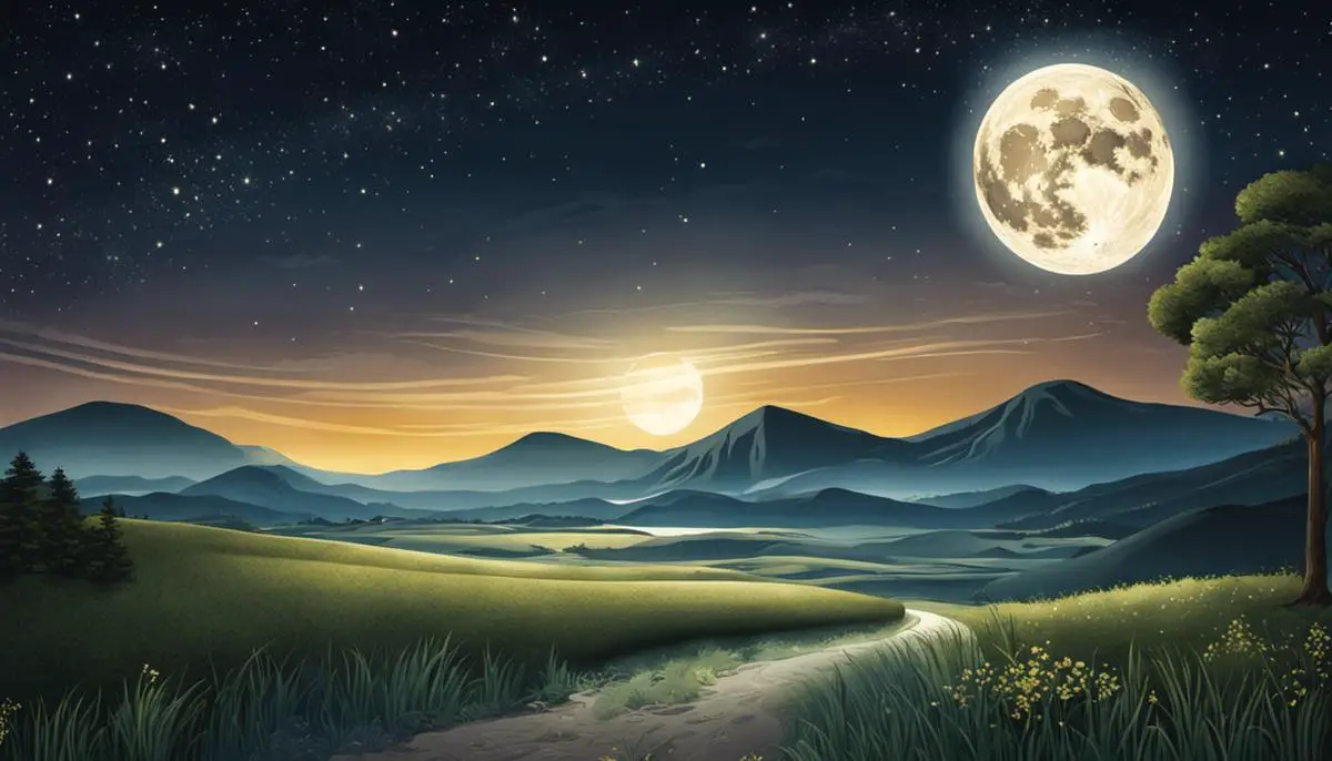 Illustration of a full moon shining over a landscape with swirling stars