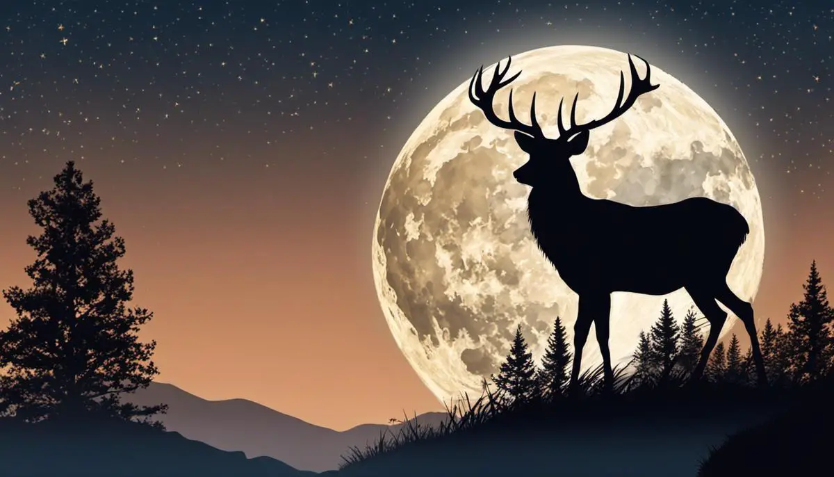 Illustration of a Full Moon Buck Moon with a silhouette of a deer with antlers against a night sky