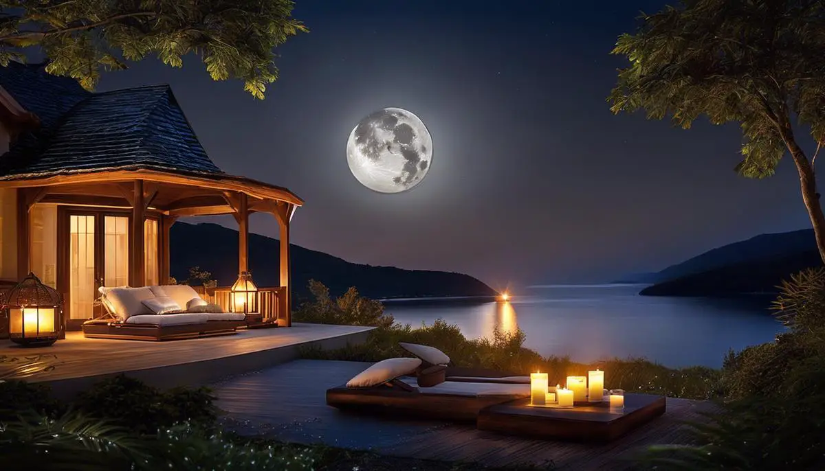 Image depicting a relaxing moonlit night with scented candles and soft home décor, capturing the essence of the full moon.