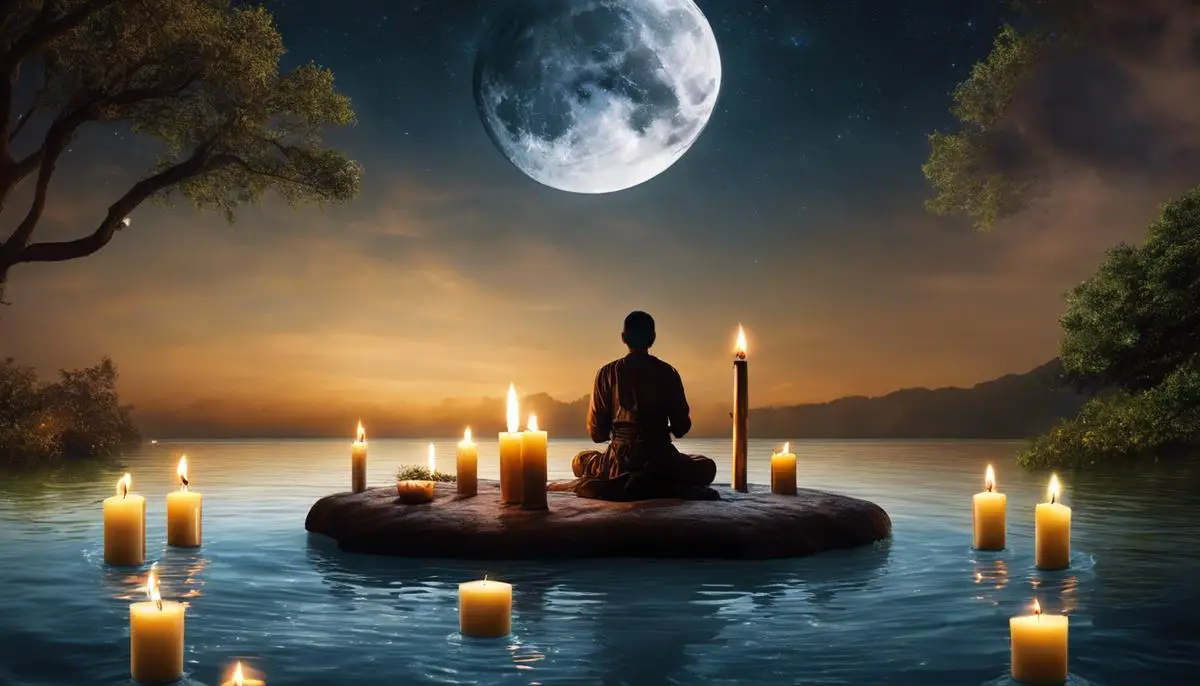 Image depicting a person performing a full moon healing ritual, surrounded by candles and water, creating a serene atmosphere for deep spiritual healing.