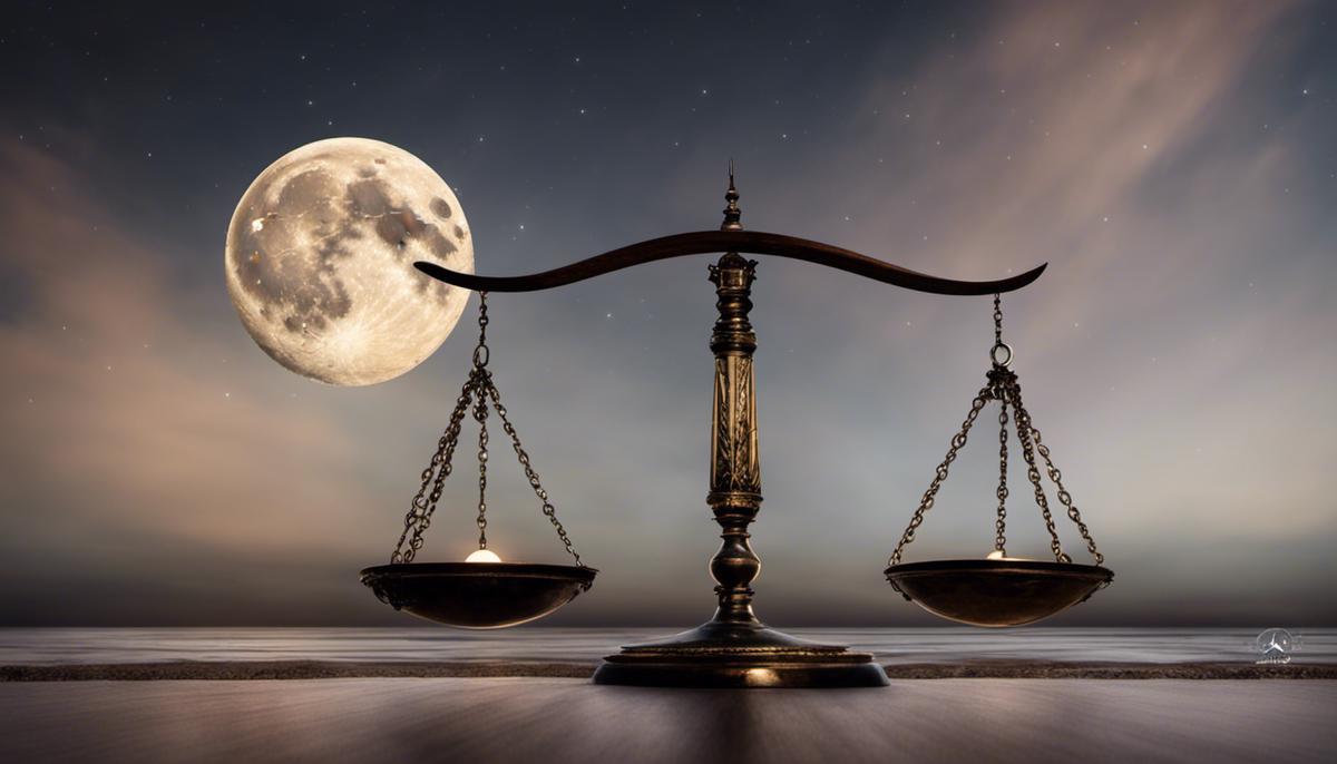 Image illustrating the Full Moon in Libra, showing the moon in the sky in front of a balanced scale.