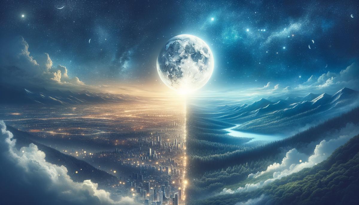 Full moon illuminating both a cityscape and natural landscape
