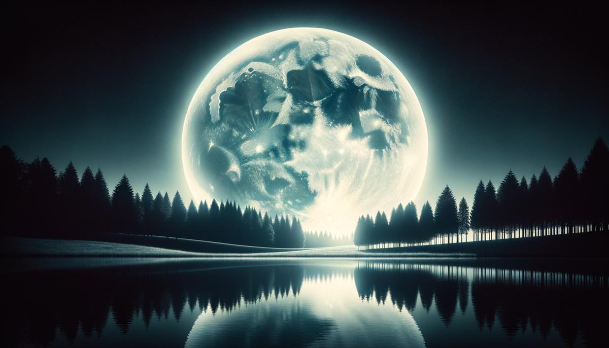 A large, luminous full moon rising over a serene natural landscape, casting a soft glow over the environment