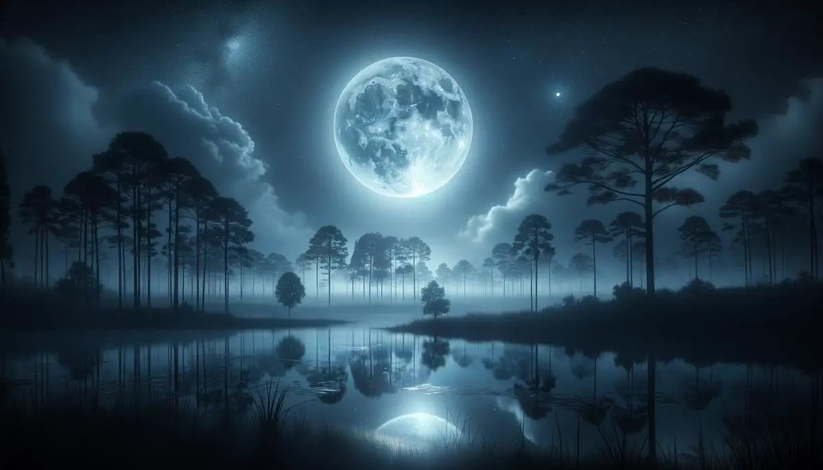 A serene image of a full moon in the night sky shining down on a peaceful scene