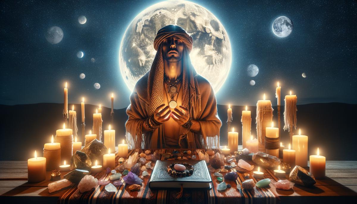 A person looking peaceful and enlightened while performing a full moon ritual