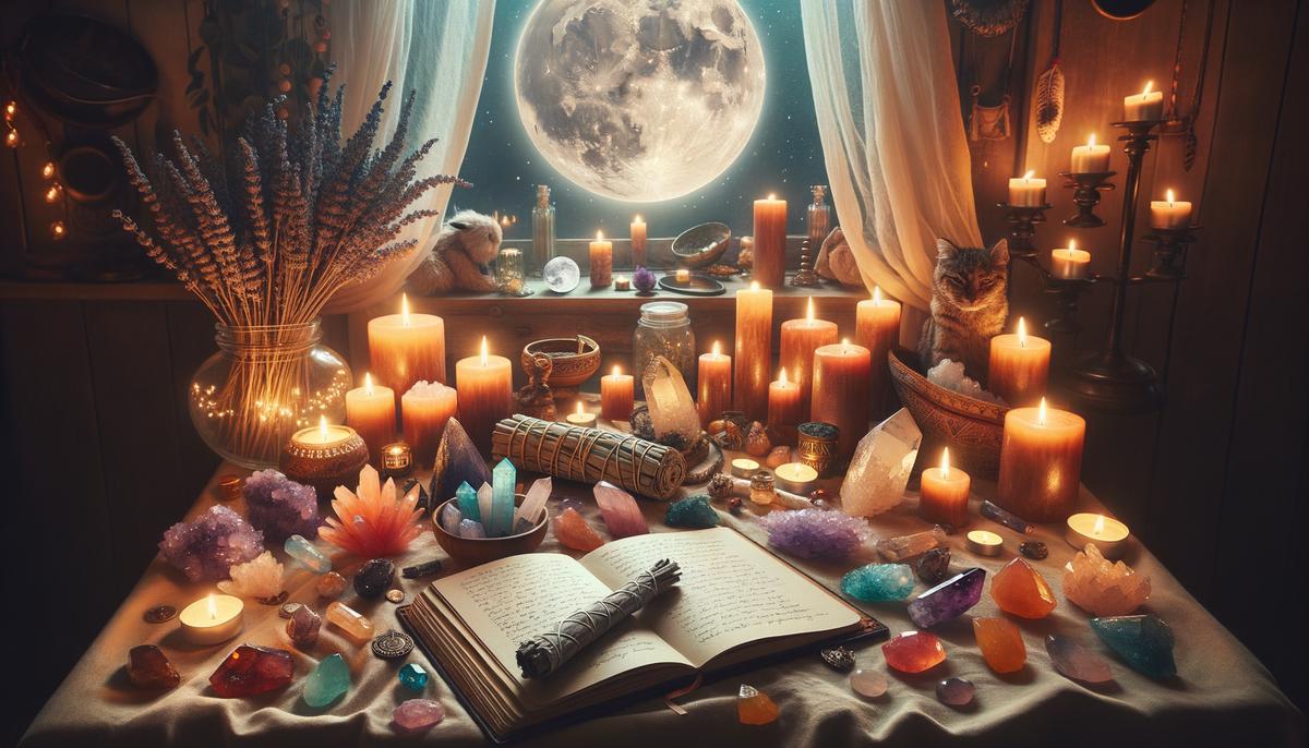 A peaceful indoor space set up for a full moon ritual, with candles, crystals, and a journal