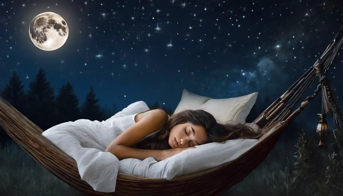 An image depicting the full moon's influence on sleep, showing a person peacefully sleeping under a bright full moon surrounded by stars.